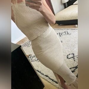 House of Harlow 1960 Crochet Knit Fringe 2-Piece Skirt Set Nude/Tan NWT Size XS